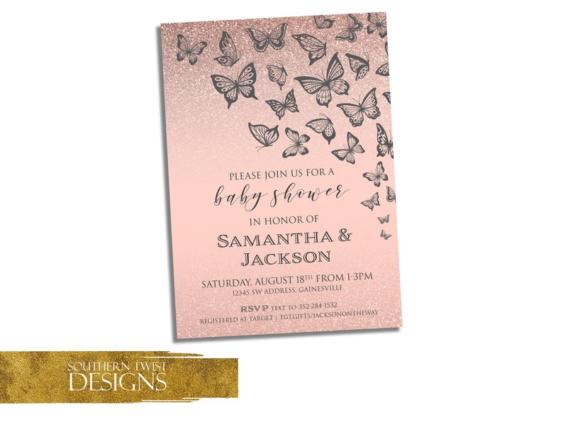 Butterfly Baby Shower Printable Invitation Digital Proof in 24 Hours! Custom Butterflies Glitter Baby Shower Invitation