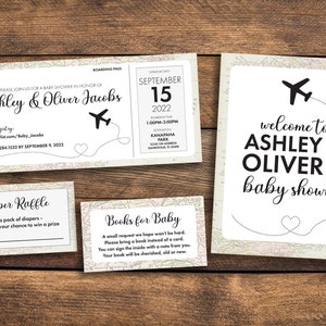 Tarjeta de embarque de avión de destino Ticket de ducha Señal de invitación y bienvenida, Sorteo de pañales con tema de viaje personalizado y libros para tarjetas de bebé