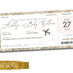 Boarding Pass Airplane Invitation, Travel Theme Baby Shower, Vintage World Map Boarding Pass Shower Invite, Proof in 24 hours!