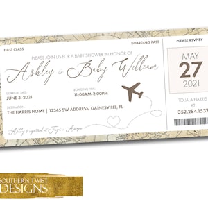 Tarjeta de embarque Invitación de avión, Baby Shower temático de viaje, Mapa del mundo vintage Tarjeta de embarque Invitación de ducha, ¡Prueba en 24 horas!