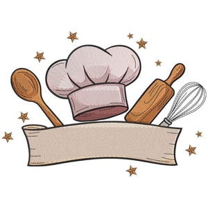 以下が含まれることがあります： コック帽、木のスプーン、めん棒、泡立て器をあしらった刺繍デザイン。調理器具の下にはバナーがあり、星のアクセントがいくつかあります。デザインは茶色、ベージュ、白の色合いです。