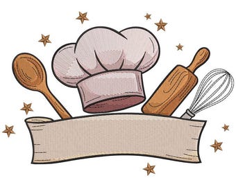 May include: An embroidered design featuring a chef's hat, wooden spoon, rolling pin, and whisk. A banner is placed below the cooking tools, with several star accents. The design is in shades of brown, beige, and white, perfect for kitchen decor.