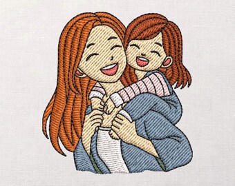 Moeder en dochter borduurontwerp, Happy Hug-steekpatroon, Moederdag-naaibestand, moeder en kind machineborduurwerk