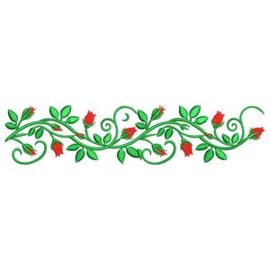 Puede incluir: Diseño de bordado floral decorativo con capullos de rosas rojas y hojas verdes sobre una vid sinuosa. Ideal para embellecer prendas de vestir, artículos de decoración del hogar o proyectos de manualidades. Fondo blanco.