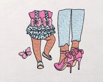 Moeder en dochter-borduurontwerp, roze hakken en strikken, bijpassende outfitsteek, vlinderaccent, machinepatroon Moederdag