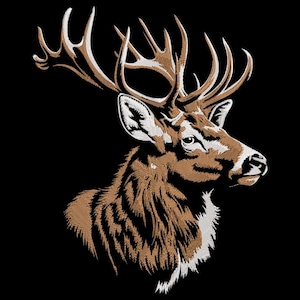 Puede incluir: Ilustración detallada de la cabeza de un ciervo de perfil, sobre un fondo negro. El ciervo presenta detalles intrincados en tonos marrones y blancos, con astas prominentes. La obra de arte muestra una apariencia texturizada, bordada.