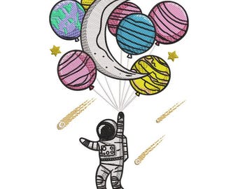 Borduurontwerp astronaut met planeetballons, grillige ruimteschets, digitaal steekbestand