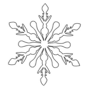 May include: A black and white snowflake design. The snowflake has six symmetrical points, each with a series of rounded and pointed shapes. The design is outlined with a thin black line, creating a delicate and detailed appearance.