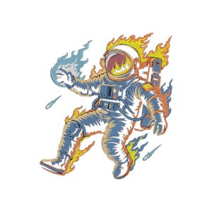 Flaming Astronaut Embroidery Design, Floating Space Explorer, Retro Sci Fi Machine Stitch Pattern