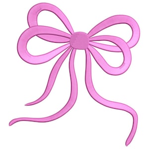 May include: A pink bow with a circular center and flowing ribbons. The bow is a solid color and appears to be embroidered or stitched, with a textured appearance. The design is symmetrical and centered.