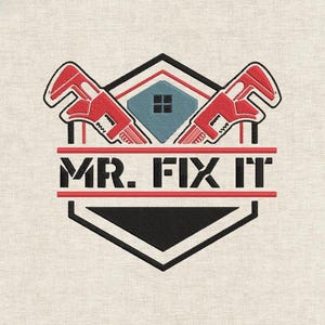 May include: Embroidered logo featuring the text "MR. FIX IT" in black, with red accents. The design includes two red pipe wrenches, a blue house, and a black and white geometric shape.