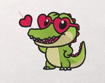 Lief alligatorborduurwerkontwerp, hartzonnebril-Gator, Valentijn liefdesmotief, schattige cartoondier, machineborduurpatroon voor kinderen