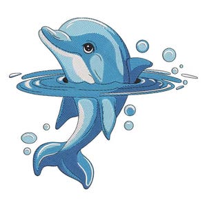 Dolphin Embroidery Design, Splashing Dolphin with Bubbles, Ocean Theme Machine Embroidery File for Kids & Towels