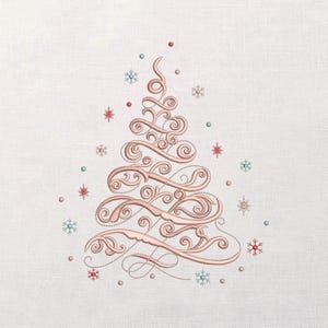 May include: A decorative Christmas tree design in a soft rose gold color, created with swirling lines and embellished with small red, blue, and white snowflake and dot accents. The design is set against a neutral, textured background.
