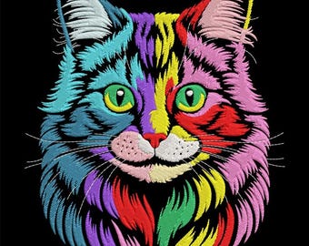 Diseño de bordado de gato arcoíris, bordado a máquina de gato colorido, regalo para amantes de los gatos, archivo de bordado de animales, descarga instantánea