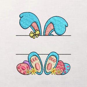 Peut inclure: Motif de Pâques brodé avec des oreilles de lapin bleues et un nœud jaune, ainsi que des pieds de lapin et des œufs de Pâques. Le motif comprend un espace pour la personnalisation, idéal pour les créations de Pâques.