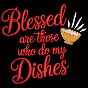Saliga är de som diskar min broderimapp, lekfullt köksmanus, kökshandduks- och förklädesdesign