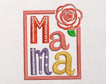 Mama Rose-borduurmotief rand, speelse belettering, satijnsteek, moedercadeaupatroon, machinebestand
