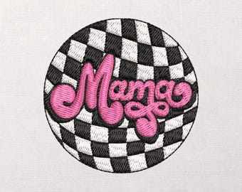 Mama-patch borduurontwerp, badge retro schrift, dambordcirkel, roze belettering, moedercadeau-steekbestand