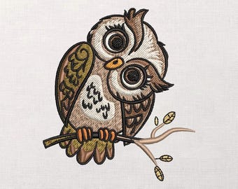 Borduurontwerp uil, schattig bosvogelpatroon, grote ogen uil, taksteekmotief, machineborduurbestand