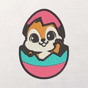 May include: An embroidered design of a cute chipmunk emerging from a cracked Easter egg. The egg is pink and teal, outlined in black. The chipmunk has orange and white fur, large black eyes, and is waving.