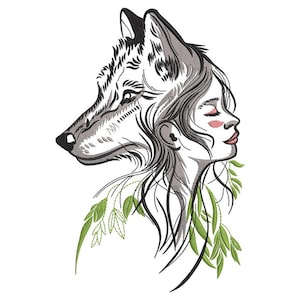 Może przedstawiać: Haftowany wzór przedstawiający głowę wilka połączoną z profilem kobiety. Wilk jest szczegółowy w czerni i bieli, a kobieta ma różowe policzki i usta. Zielone liście i pnącza są wkomponowane, tworząc motyw inspirowany naturą.