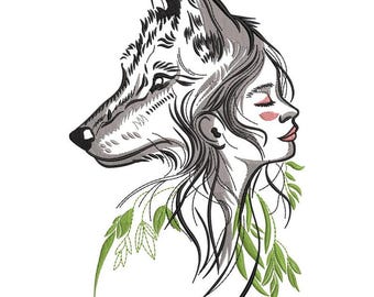 Wolf and Woman Head Embroidery Design, Forest Animal Machine Embroidery Pattern, Nature Leaves Outline Stitch