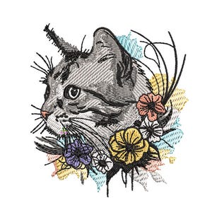 Floral Katze Stickmuster, Tabby Kitty Maschinenstich Muster, Boho Blumen Katze Applikation Datei, Instant Download