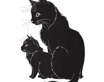 Mother and Kitten Silhouette Embroidery Design, Cat Family Machine Embroidery File, Black Cats Outline, Instant Download