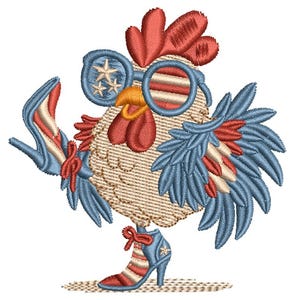 Patriotic Rooster Embroidery Design, Funny Chicken Wearing Sunglasses, 4th of July Machine Embroidery File, USA Stars and Stripes Pattern