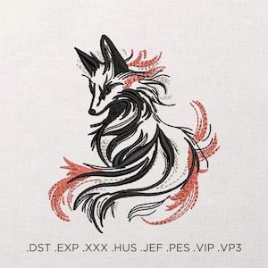 May include: An embroidery design featuring a stylized fox composed of flowing black and coral-colored thread lines. The fox is depicted in a seated position with a bushy tail. Below the graphic, the text reads .DST .EXP .XXX .HUS .JEF .PES .VIP .VP3.