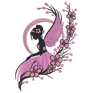 Blossom Fairy Embroidery Design, Pink Flower Fairy Silhouette, Floral Fairy Machine Embroidery, Girl Fairy Dress Design