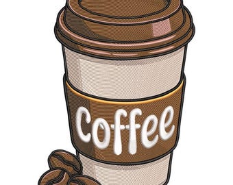 Coffee Cup Machine Embroidery File, Takeout Mug With Sleeve, Coffee Lover Outline Stitch