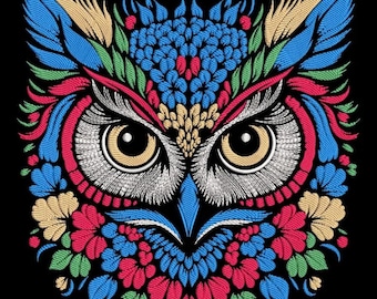 Owl Floral Embroidery Design, Colorful Bird Machine Embroidery File, Folk Art Owl Pattern, Decorative Animal Embroidery