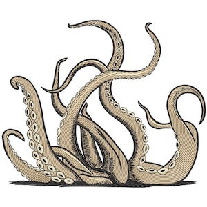 Puede incluir: Ilustración de un pulpo con múltiples tentáculos beige, sombreados y con ventosas. La imagen está sobre un fondo blanco con una sombra negra.