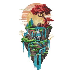 May include: Embroidered design of a floating island with waterfalls, trees, and a setting sun. The island features a red tree, green foliage, and cascading blue waterfalls. The sun is a warm orange color.