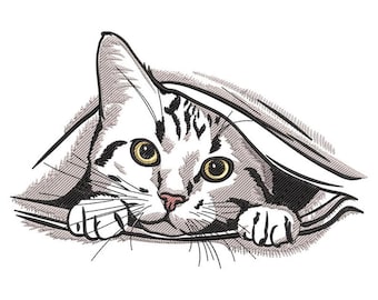 Curious Cat Peeking borduurwerk ontwerp, zwart-witte kat machineborduurwerk, Peeking Kitty borduurpatroon