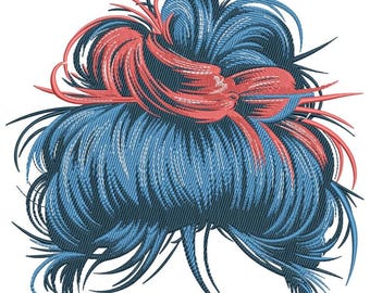 Rommelig knotje haar borduurwerk ontwerpen, vrouw updo borduurbestand, moderne haar knot machine borduurpatroon, rood blauw haar digitale download