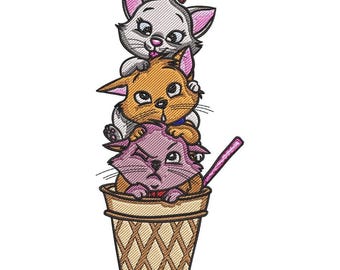 Niedliche Kätzchen im Eis Eis Kegel Stickmuster, süsser Katzen Dessert Stickdatei, süßes Tier Stickmuster