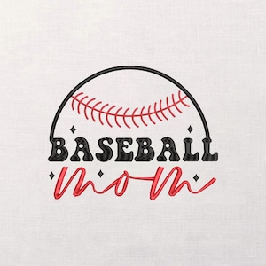 Könnte beinhalten: Gesticktes Design mit einem Baseball mit roten Nähten und den Worten "BASEBALL MOM" in schwarzer und roter Schrift. Das Design enthält kleine Diamanten und ist vor einem weißen Hintergrund platziert.