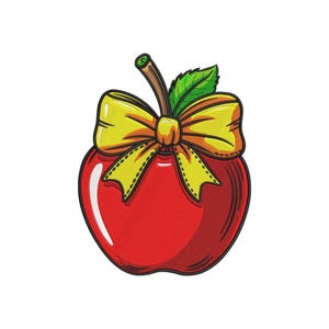 May include: A vibrant red apple illustration featuring a bright yellow decorative bow tied around the stem. The apple has a single green leaf attached to the brown stem, with distinct black outlines and cross-hatching shading throughout the design.