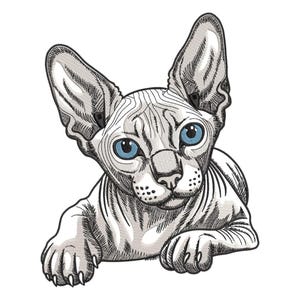 May include: A detailed illustration of a Sphynx cat with blue eyes. The cat is depicted in a relaxed pose, with its front paws extended. The artwork features intricate shading and highlights, emphasizing the cat's unique skin texture and large ears.