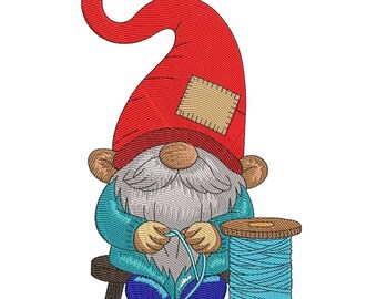 Crafting Gnome Embroidery Design, Nordic Gnome With Red Hat And Thread, Seamstress Theme, Digital Embroidery File