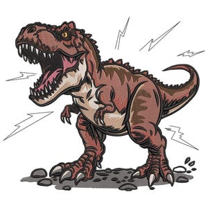 Könnte beinhalten: Gestickte Illustration eines Tyrannosaurus Rex in Rot- und Brauntönen, mit offenem Maul und scharfen Zähnen. Der Dinosaurier ist mit detaillierten Stichen dargestellt, der auf einer felsigen Oberfläche steht, mit Blitz-Akzenten.