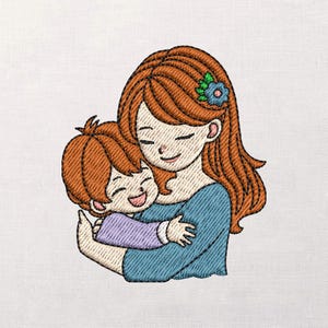 Ricamo con madre e figlio, mamma e figlio che si abbracciano, ricamo a macchina sull'amore familiare, motivo per la festa della mamma.