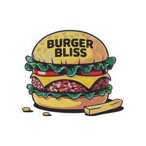 May include: An embroidered patch featuring a cartoon hamburger with the text BURGER BLISS on the top bun. The burger includes layers of green lettuce, red tomato, yellow cheese, and a brown patty, with a single french fry resting nearby.