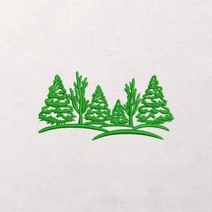 May include: Green embroidered design of a forest scene with stylized evergreen trees and other trees on a curved green line, set against a white background. The design features a simple, clean aesthetic.
