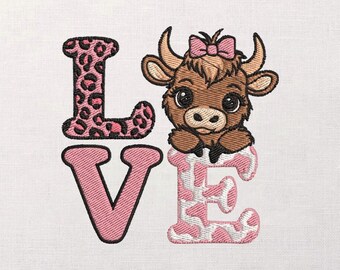 Borduurontwerp koe met strik, liefdesbrieven boerderijmotief, Valentijnspatroon, roze dierenprint, kinderpatch, machinebestand