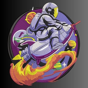 May include: Embroidered patch featuring an astronaut riding a rocket through space. The astronaut is wearing a silver spacesuit with a yellow visor. The rocket has purple and silver accents, with flames in shades of orange and yellow. Planets and stars are also visible.