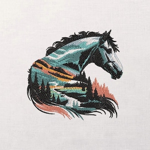 May include: Embroidered design of a horse's head with a landscape scene inside. The horse is black and gray, with a mane and forelock. The landscape features a river, trees, and a sunset in shades of orange, teal, and pink.
